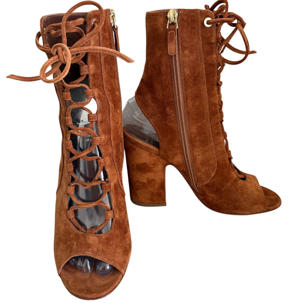 Laurence Dacade Couture Paris Suede LaceUp Peep Toe Bootie Block Heel Luxury Tan